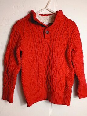 Boys Gap Red Cable Knit Mock Neck Button Sweater Fleece Lined 4T Pullover